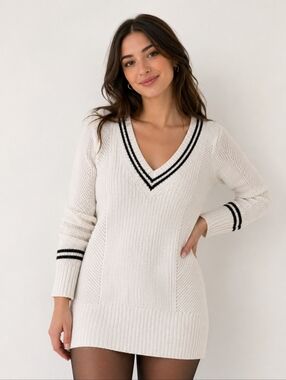 Banana Republic Womens Longline V-neck Tennis Stripe Sweater Size XS Nautical